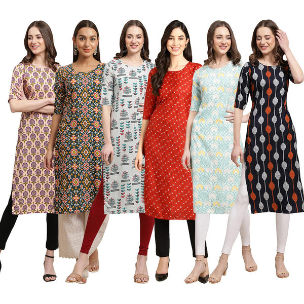 STYLISH CREPE MULTICOLOR PRINTED STRAIGHT SET OF 6 COMBO KURTA 332-383-340-370-343-330