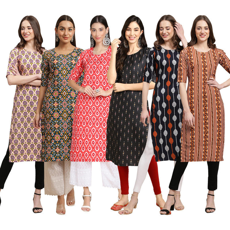 STYLISH CREPE MULTICOLOR PRINTED STRAIGHT SET OF 6 COMBO KURTA 332-383-346-359-330-344