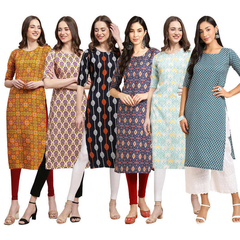 STYLISH CREPE MULTICOLOR PRINTED STRAIGHT SET OF 6 COMBO KURTA 333-332-330-358-343-351