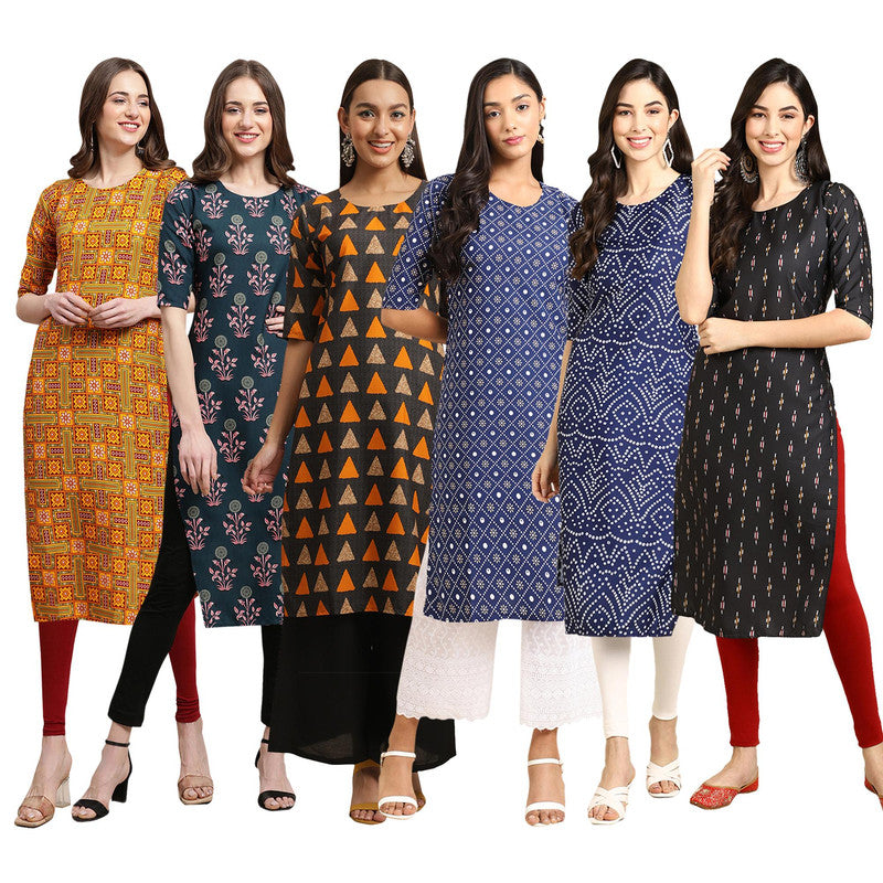 STYLISH CREPE MULTICOLOR PRINTED STRAIGHT SET OF 6 COMBO KURTA 333-335-387-353-366-359