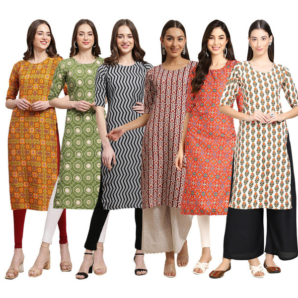 STYLISH CREPE MULTICOLOR PRINTED STRAIGHT SET OF 6 COMBO KURTA 333-338-336-389-365-352