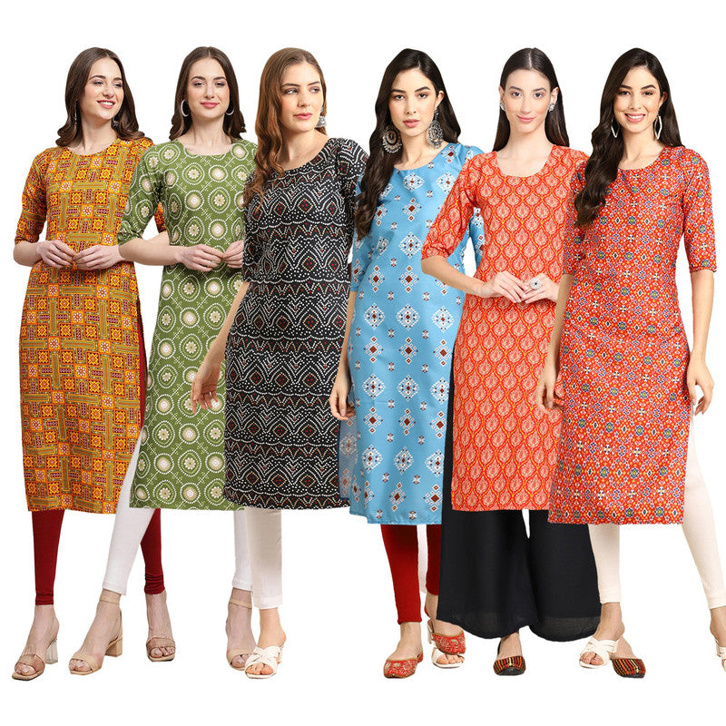 STYLISH CREPE MULTICOLOR PRINTED STRAIGHT SET OF 6 COMBO KURTA 333-338-373-361-354-365