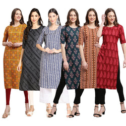 STYLISH CREPE MULTICOLOR PRINTED STRAIGHT SET OF 6 COMBO KURTA 333-363-348-335-344-337