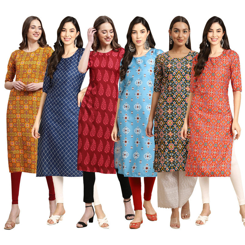 STYLISH CREPE MULTICOLOR PRINTED STRAIGHT SET OF 6 COMBO KURTA 333-364-337-361-383-365