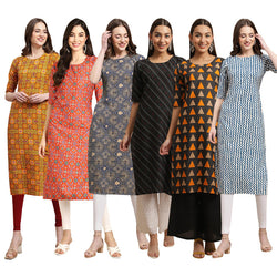 STYLISH CREPE MULTICOLOR PRINTED STRAIGHT SET OF 6 COMBO KURTA 333-365-341-385-387-331