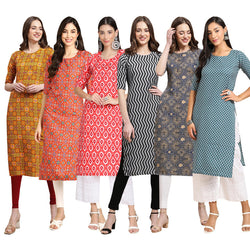 STYLISH CREPE MULTICOLOR PRINTED STRAIGHT SET OF 6 COMBO KURTA 333-365-346-336-341-351