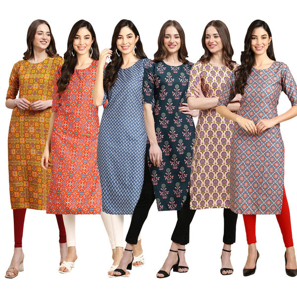 STYLISH CREPE MULTICOLOR PRINTED STRAIGHT SET OF 6 COMBO KURTA 333-365-367-335-332-372