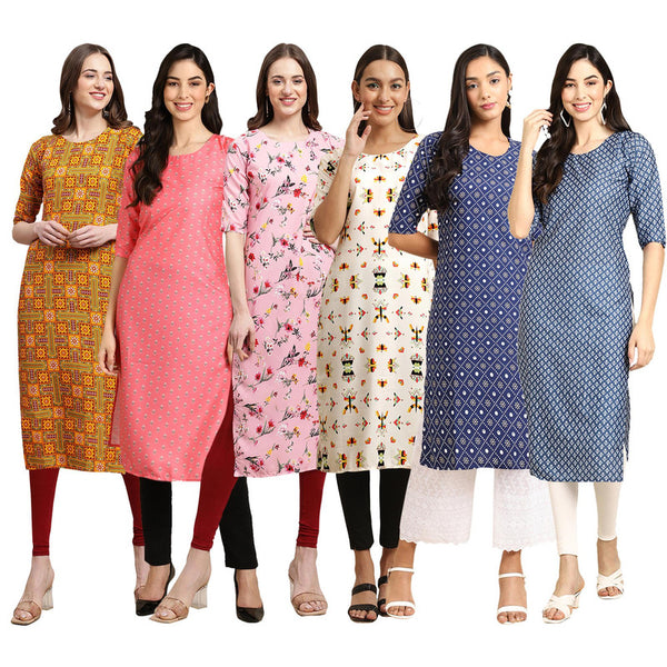 STYLISH CREPE MULTICOLOR PRINTED STRAIGHT SET OF 6 COMBO KURTA 333-371-339-386-353-367