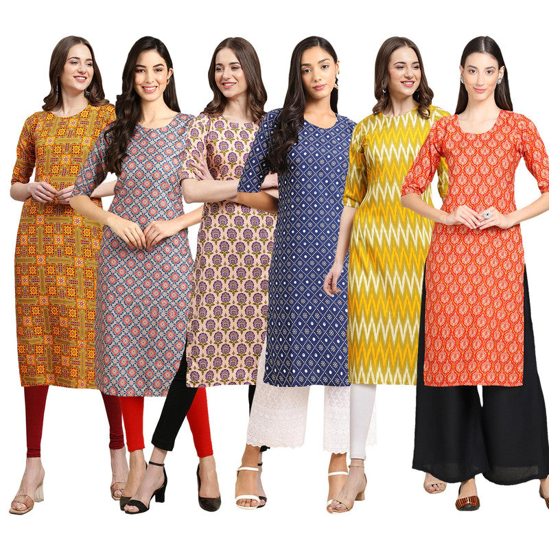 STYLISH CREPE MULTICOLOR PRINTED STRAIGHT SET OF 6 COMBO KURTA 333-372-332-353-329-354