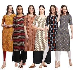 STYLISH CREPE MULTICOLOR PRINTED STRAIGHT SET OF 6 COMBO KURTA 333-382-344-352-330-341