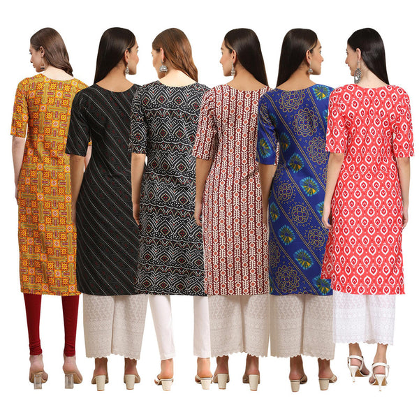 STYLISH CREPE MULTICOLOR PRINTED STRAIGHT SET OF 6 COMBO KURTA 333-385-373-389-391-346