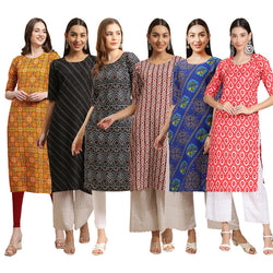 STYLISH CREPE MULTICOLOR PRINTED STRAIGHT SET OF 6 COMBO KURTA 333-385-373-389-391-346