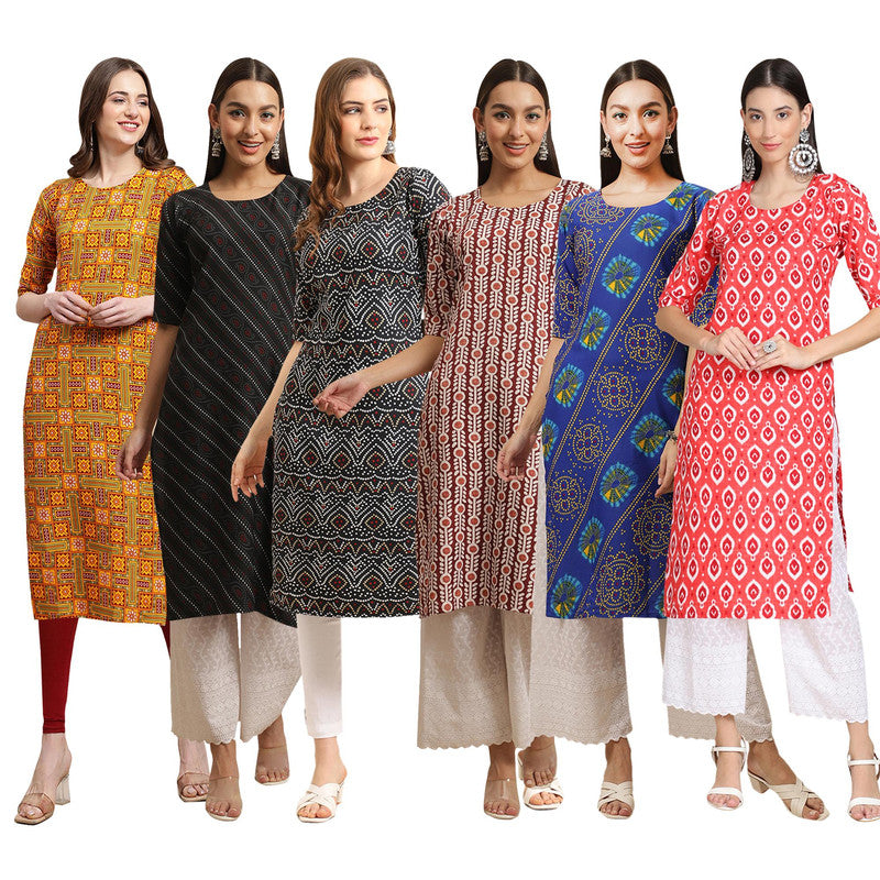 STYLISH CREPE MULTICOLOR PRINTED STRAIGHT SET OF 6 COMBO KURTA 333-385-373-389-391-346