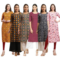 STYLISH CREPE MULTICOLOR PRINTED STRAIGHT SET OF 6 COMBO KURTA 333-387-383-355-388-339