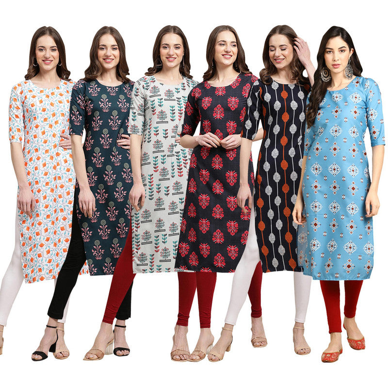 STYLISH CREPE MULTICOLOR PRINTED STRAIGHT SET OF 6 COMBO KURTA 334-335-340-345-330-361