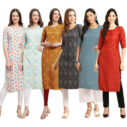 STYLISH CREPE MULTICOLOR PRINTED STRAIGHT SET OF 6 COMBO KURTA 334-343-333-373-351-370