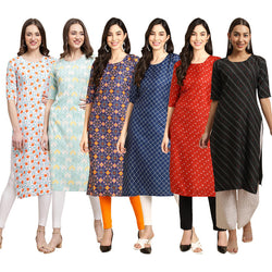 STYLISH CREPE MULTICOLOR PRINTED STRAIGHT SET OF 6 COMBO KURTA 334-343-369-364-370-385