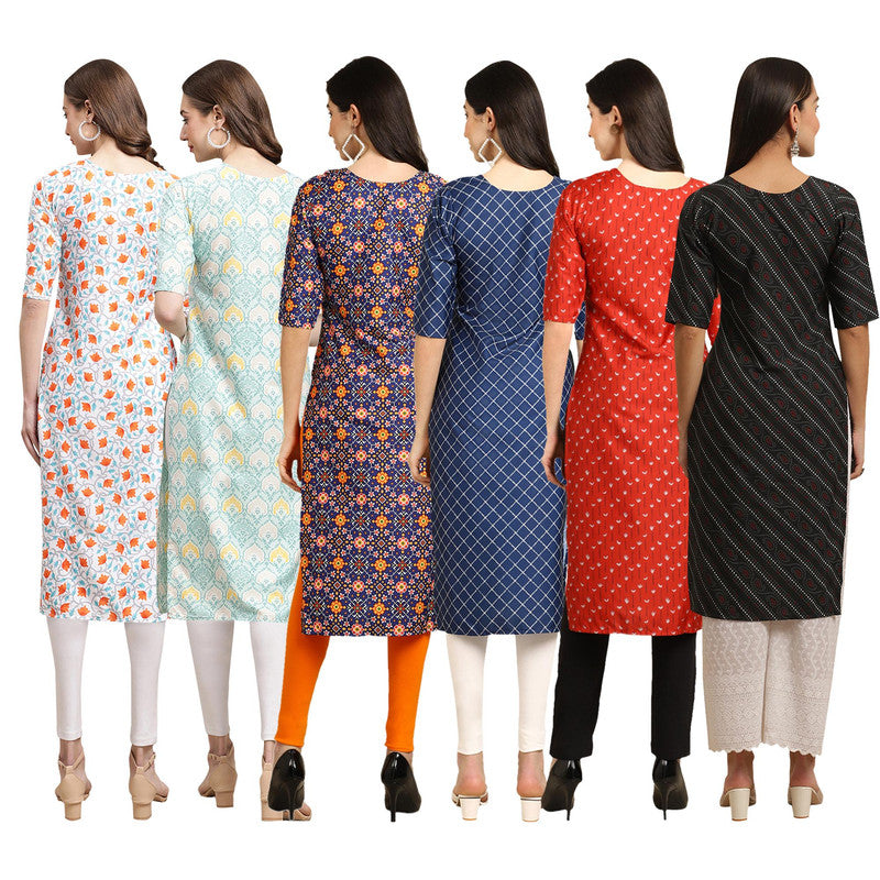 STYLISH CREPE MULTICOLOR PRINTED STRAIGHT SET OF 6 COMBO KURTA 334-343-369-364-370-385