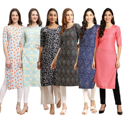 STYLISH CREPE MULTICOLOR PRINTED STRAIGHT SET OF 6 COMBO KURTA 334-343-388-373-366-371