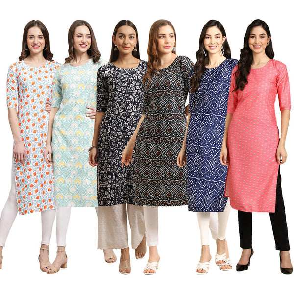 STYLISH CREPE MULTICOLOR PRINTED STRAIGHT SET OF 6 COMBO KURTA 334-343-388-373-366-371