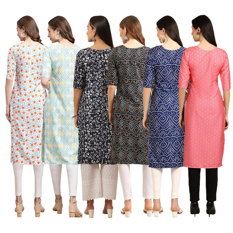 STYLISH CREPE MULTICOLOR PRINTED STRAIGHT SET OF 6 COMBO KURTA 334-343-388-373-366-371