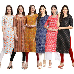 STYLISH CREPE MULTICOLOR PRINTED STRAIGHT SET OF 6 COMBO KURTA 334-344-333-366-346-359