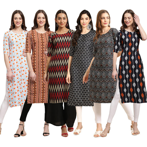 STYLISH CREPE MULTICOLOR PRINTED STRAIGHT SET OF 6 COMBO KURTA 334-344-382-362-373-330