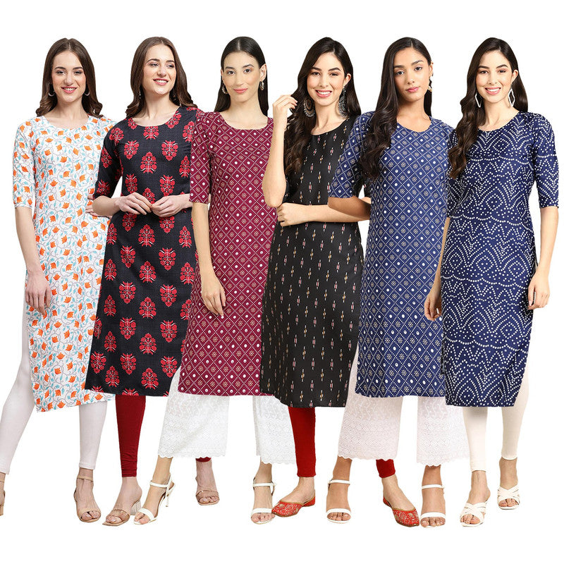 STYLISH CREPE MULTICOLOR PRINTED STRAIGHT SET OF 6 COMBO KURTA 334-345-355-359-353-366