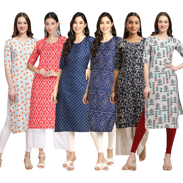 STYLISH CREPE MULTICOLOR PRINTED STRAIGHT SET OF 6 COMBO KURTA 334-346-364-366-388-340