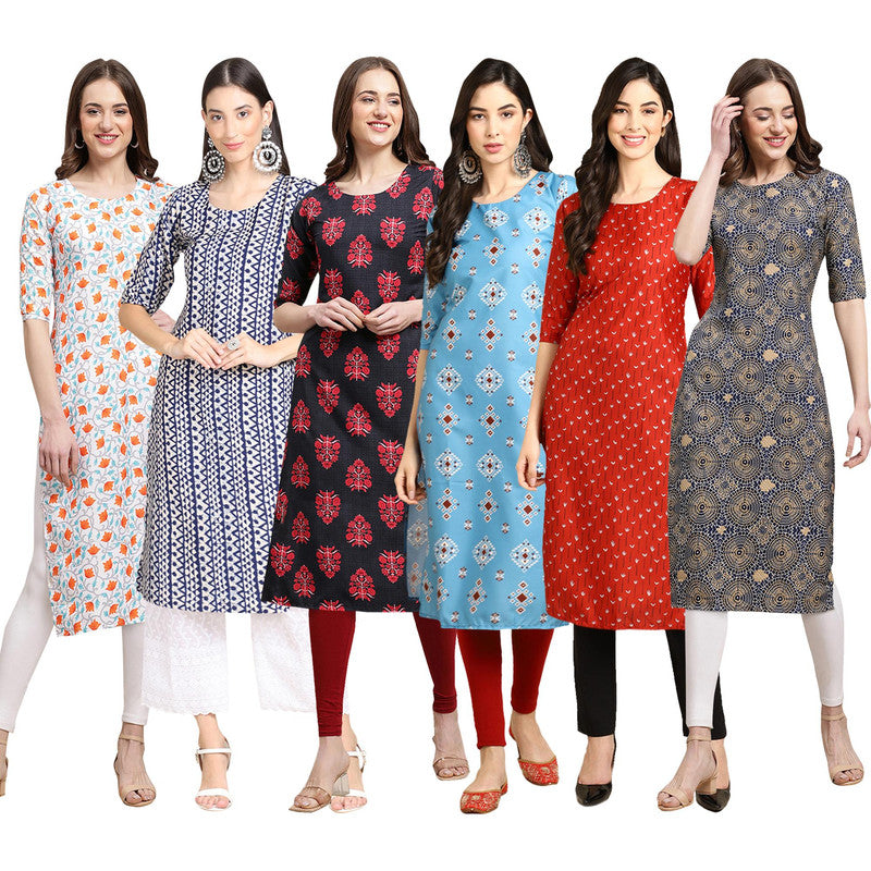 STYLISH CREPE MULTICOLOR PRINTED STRAIGHT SET OF 6 COMBO KURTA 334-348-345-361-370-341