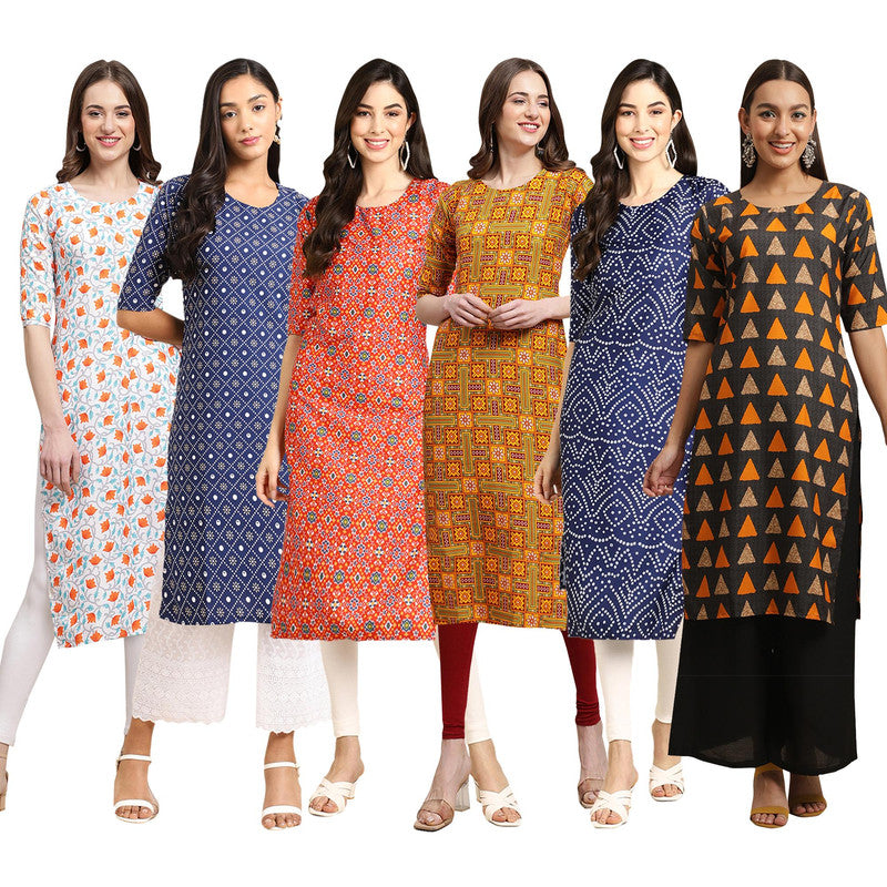 STYLISH CREPE MULTICOLOR PRINTED STRAIGHT SET OF 6 COMBO KURTA 334-353-365-333-366-387