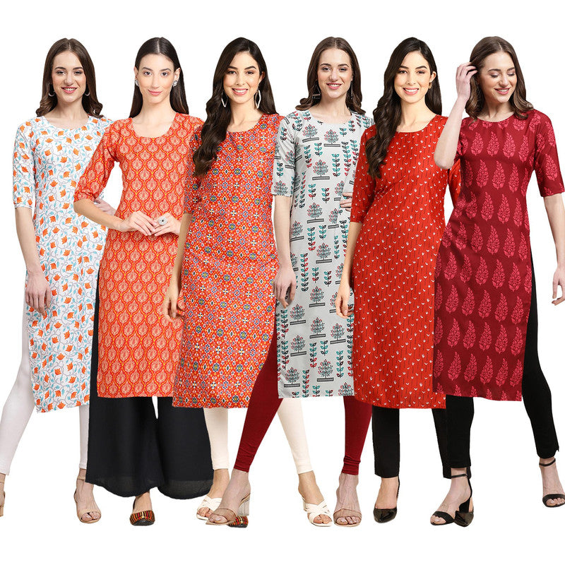 STYLISH CREPE MULTICOLOR PRINTED STRAIGHT SET OF 6 COMBO KURTA 334-354-365-340-370-337