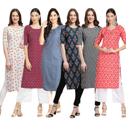 STYLISH CREPE MULTICOLOR PRINTED STRAIGHT SET OF 6 COMBO KURTA 334-355-367-335-336-346