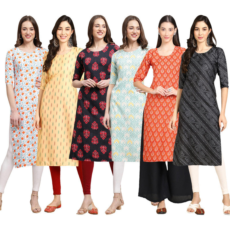 STYLISH CREPE MULTICOLOR PRINTED STRAIGHT SET OF 6 COMBO KURTA 334-360-345-343-354-363