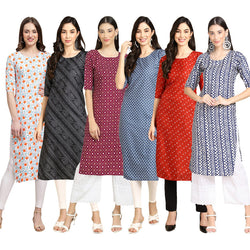 STYLISH CREPE MULTICOLOR PRINTED STRAIGHT SET OF 6 COMBO KURTA 334-363-355-367-370-348