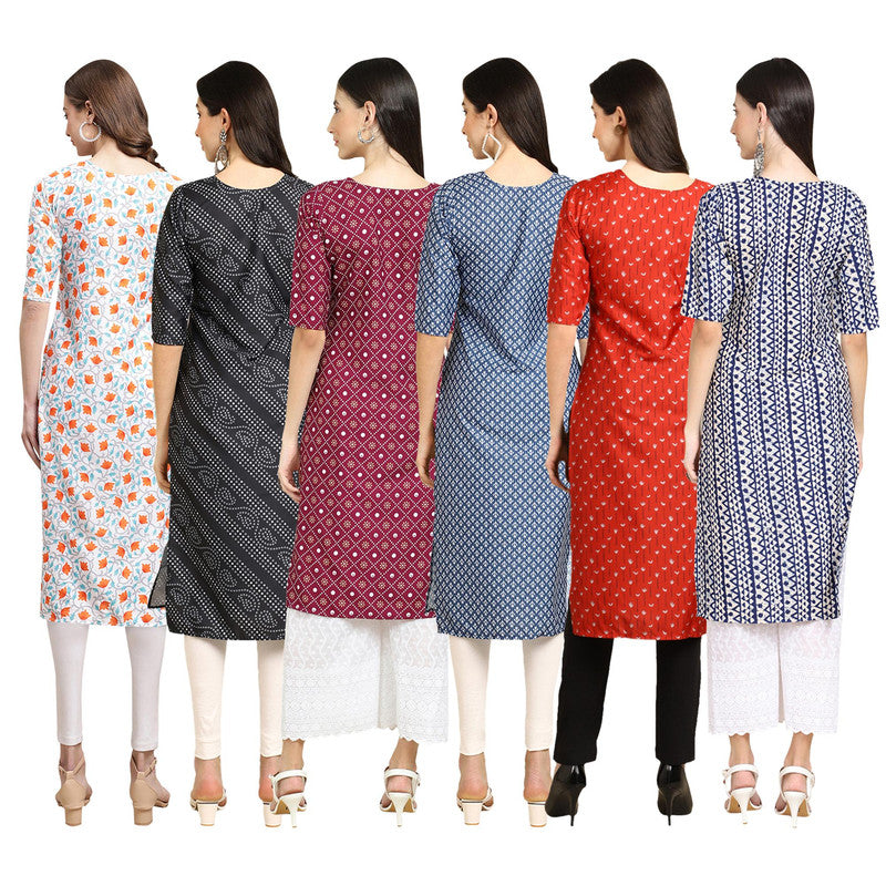 STYLISH CREPE MULTICOLOR PRINTED STRAIGHT SET OF 6 COMBO KURTA 334-363-355-367-370-348