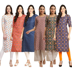 STYLISH CREPE MULTICOLOR PRINTED STRAIGHT SET OF 6 COMBO KURTA 334-365-364-389-383-369