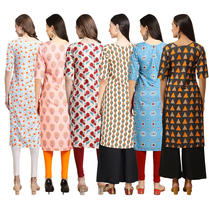 STYLISH CREPE MULTICOLOR PRINTED STRAIGHT SET OF 6 COMBO KURTA 334-368-342-352-361-387