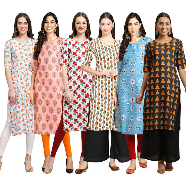 STYLISH CREPE MULTICOLOR PRINTED STRAIGHT SET OF 6 COMBO KURTA 334-368-342-352-361-387