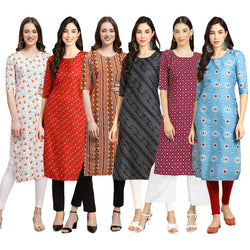 STYLISH CREPE MULTICOLOR PRINTED STRAIGHT SET OF 6 COMBO KURTA 334-370-344-363-355-361