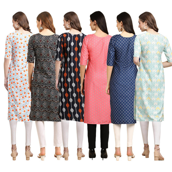 STYLISH CREPE MULTICOLOR PRINTED STRAIGHT SET OF 6 COMBO KURTA 334-373-330-371-364-343