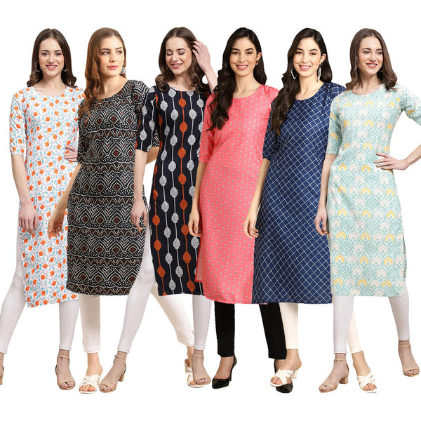 STYLISH CREPE MULTICOLOR PRINTED STRAIGHT SET OF 6 COMBO KURTA 334-373-330-371-364-343