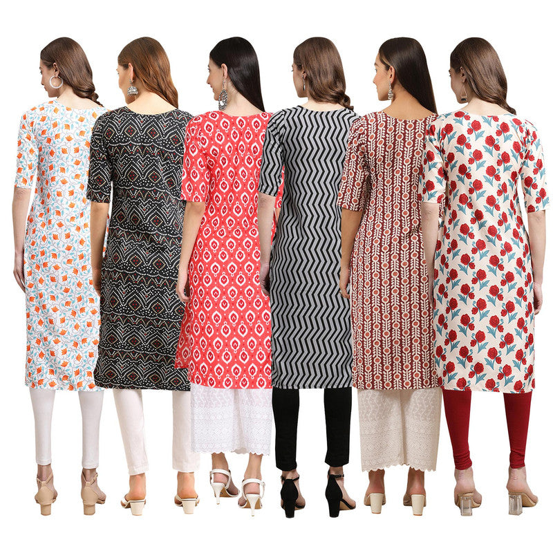 STYLISH CREPE MULTICOLOR PRINTED STRAIGHT SET OF 6 COMBO KURTA 334-373-346-336-389-342