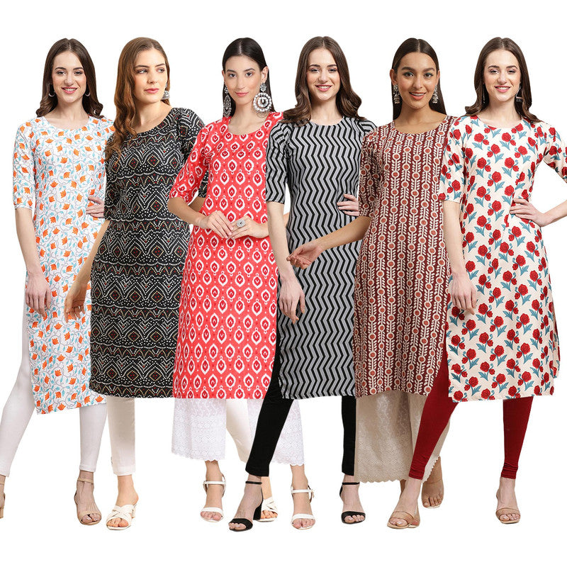 STYLISH CREPE MULTICOLOR PRINTED STRAIGHT SET OF 6 COMBO KURTA 334-373-346-336-389-342