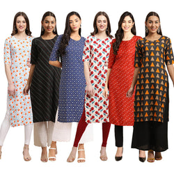 STYLISH CREPE MULTICOLOR PRINTED STRAIGHT SET OF 6 COMBO KURTA 334-385-353-342-370-387