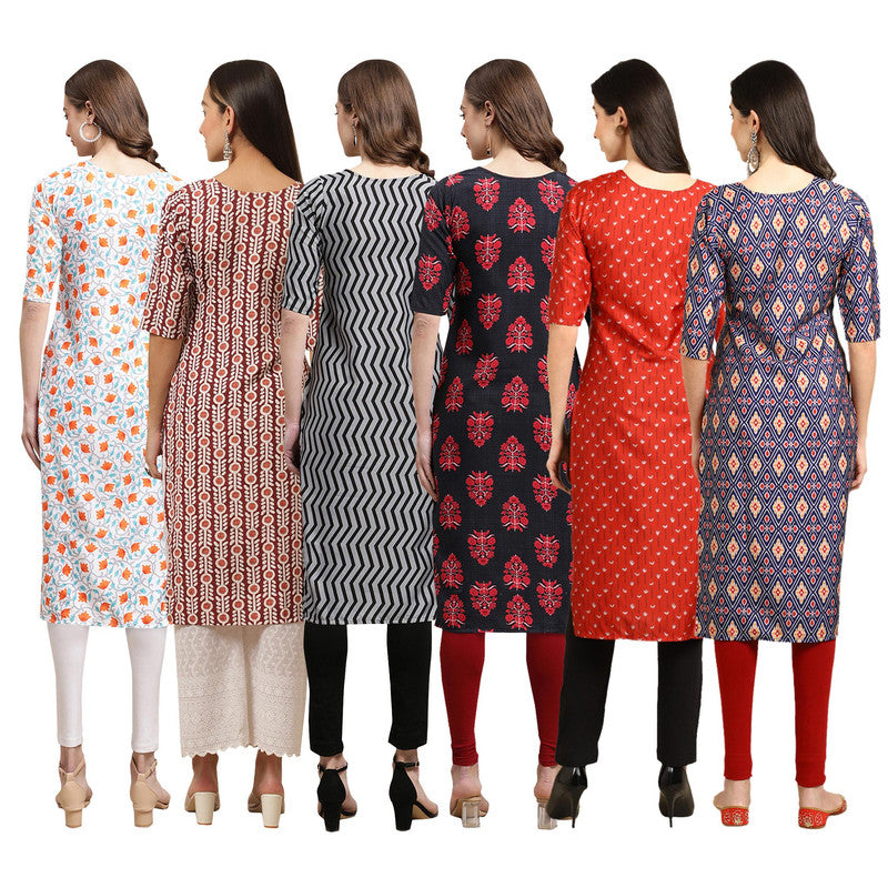 STYLISH CREPE MULTICOLOR PRINTED STRAIGHT SET OF 6 COMBO KURTA 334-389-336-345-370-358