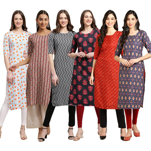 STYLISH CREPE MULTICOLOR PRINTED STRAIGHT SET OF 6 COMBO KURTA 334-389-336-345-370-358