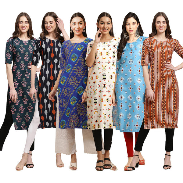 STYLISH CREPE MULTICOLOR PRINTED STRAIGHT SET OF 6 COMBO KURTA 335-330-391-386-361-344