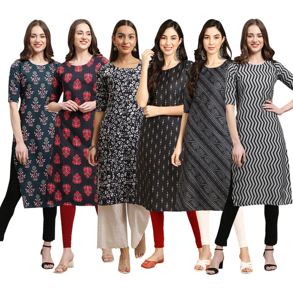 STYLISH CREPE MULTICOLOR PRINTED STRAIGHT SET OF 6 COMBO KURTA 335-345-388-359-363-336