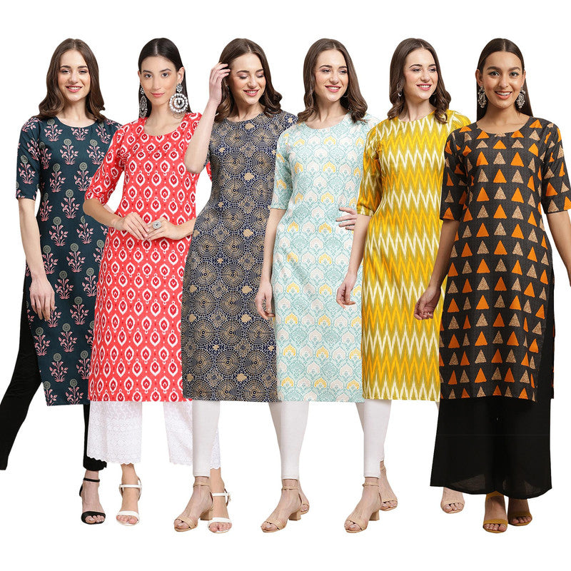 STYLISH CREPE MULTICOLOR PRINTED STRAIGHT SET OF 6 COMBO KURTA 335-346-341-343-329-387